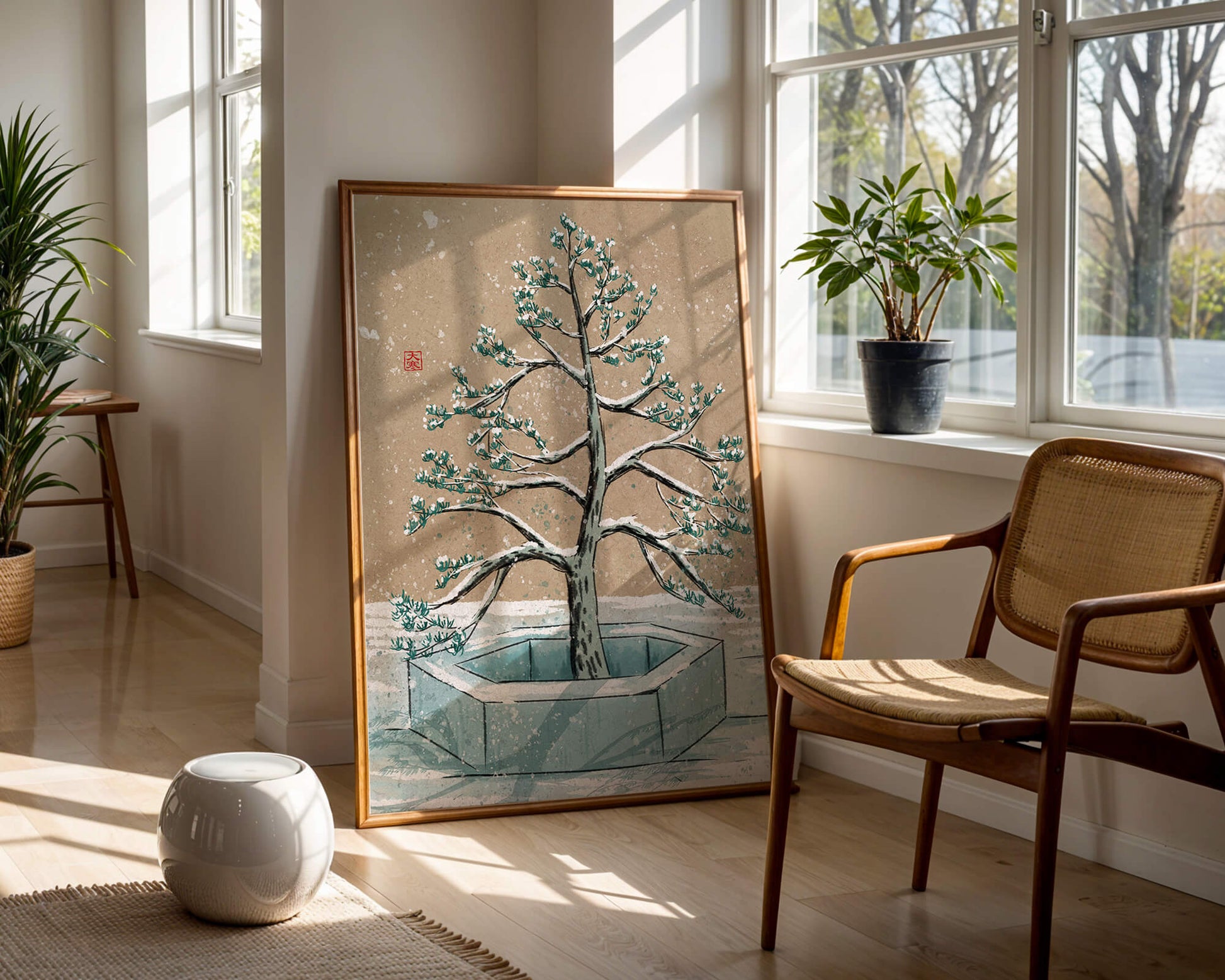 Paisaje invernal con ilustración de árbol bonsái cubierto de nieve