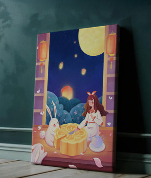 Moonlit Night with Lanterns and Tea Ceremony Featuring Rabbits and Mooncakes