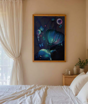 Illuminated Blue Butterflies with Glowing Bubbles in Enchanted Darkness