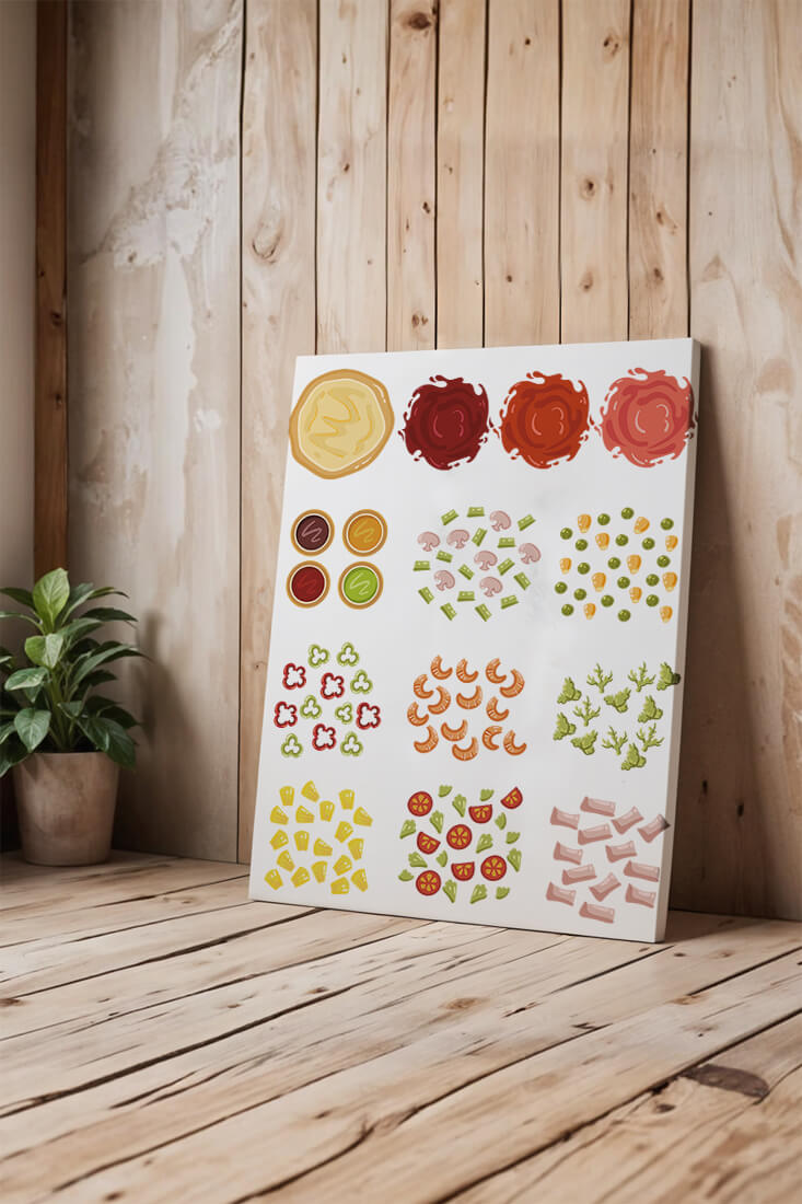 Illustration of various pizza ingredients and toppings