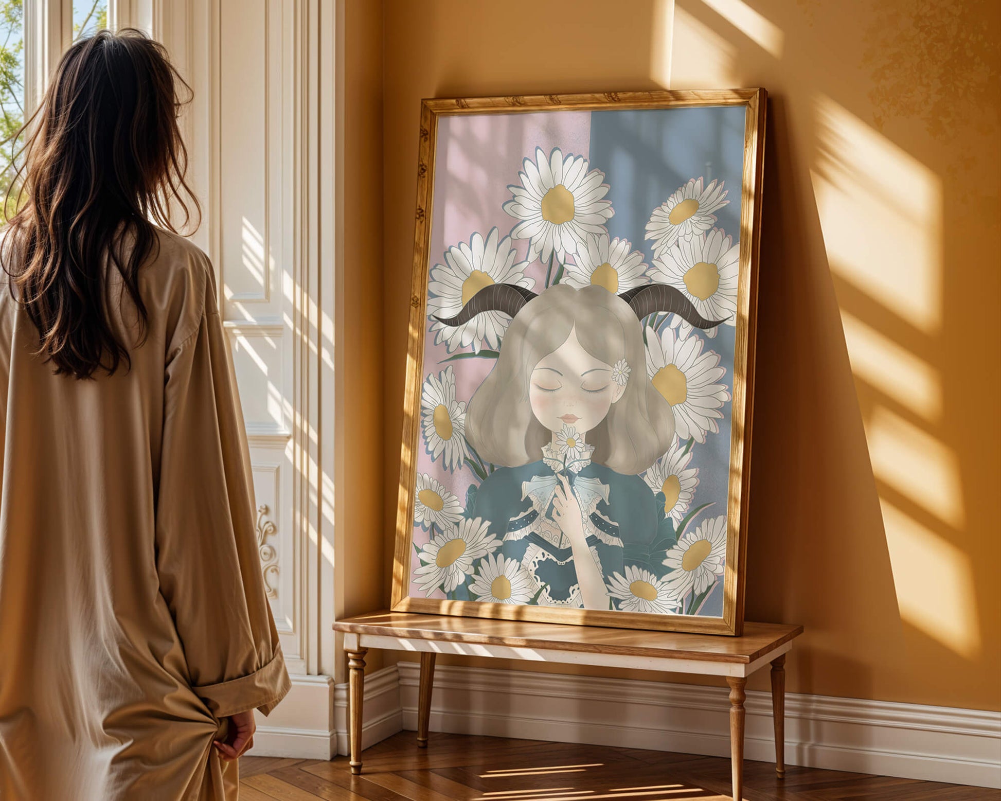 Illustration of girl with daisies and horns on a pastel background