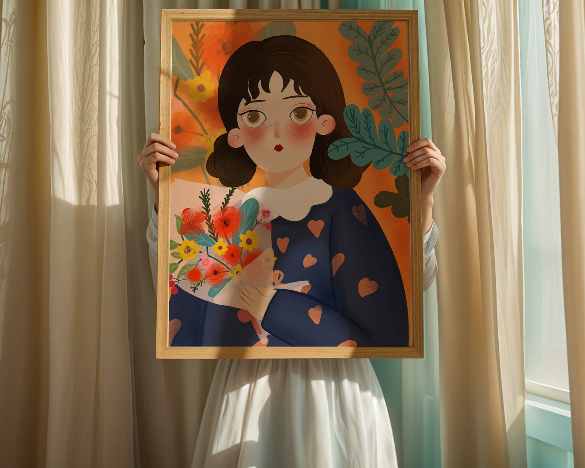 Ilustración colorida de una niña con flores rodeada de un fondo floral vibrante.