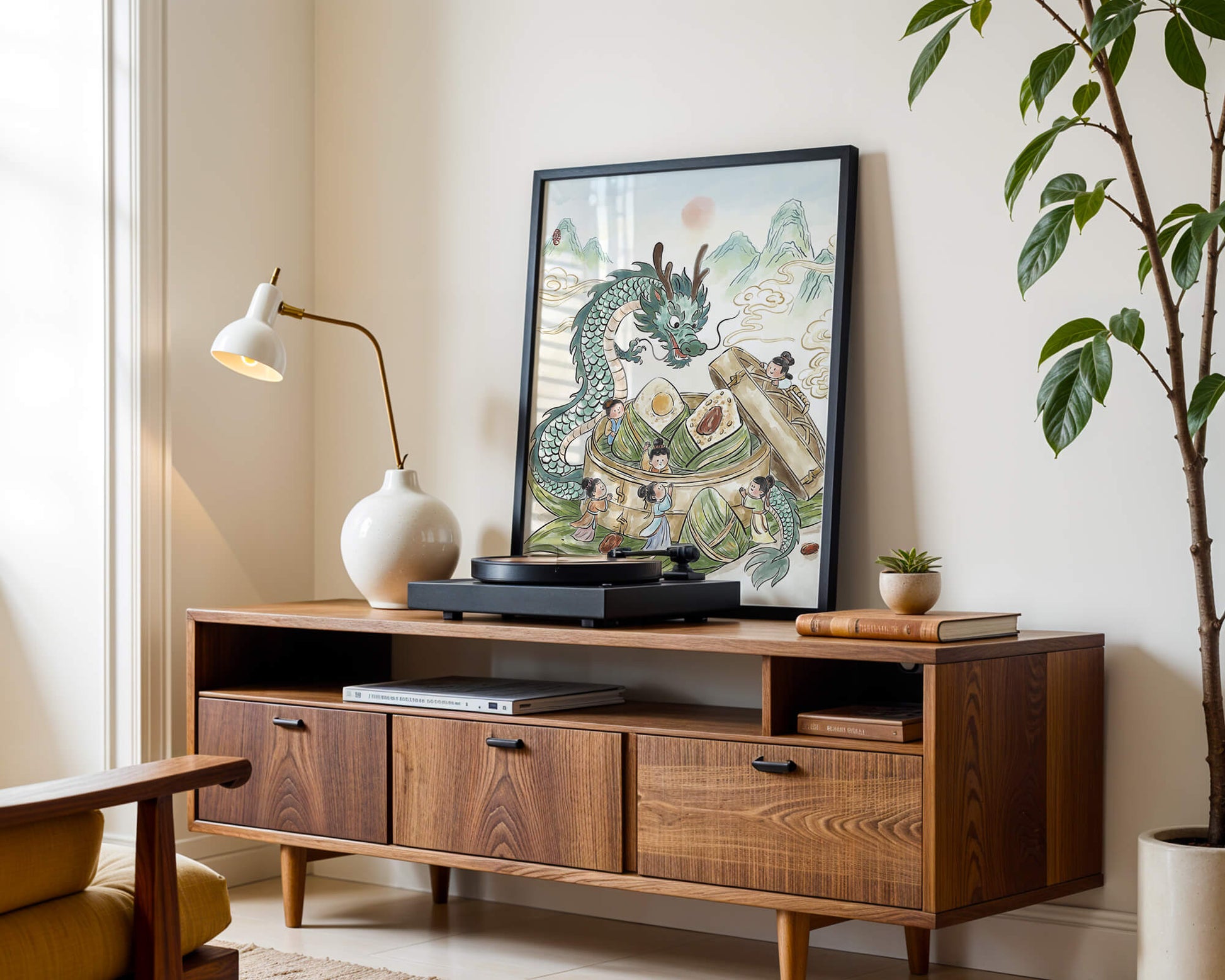 Dragón y dumplings al vapor con niños en un paisaje montañoso