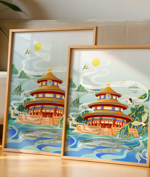 Alter chinesischer Pavillon am Wasser mit Kranichen und Bergen