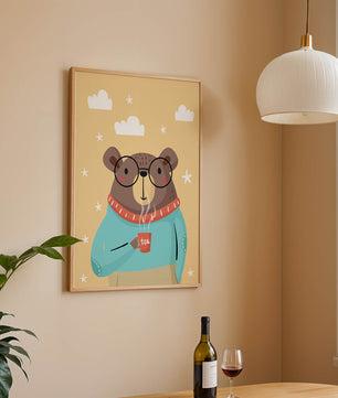Illustration of a bear with glasses holding a tea cup against a starry background