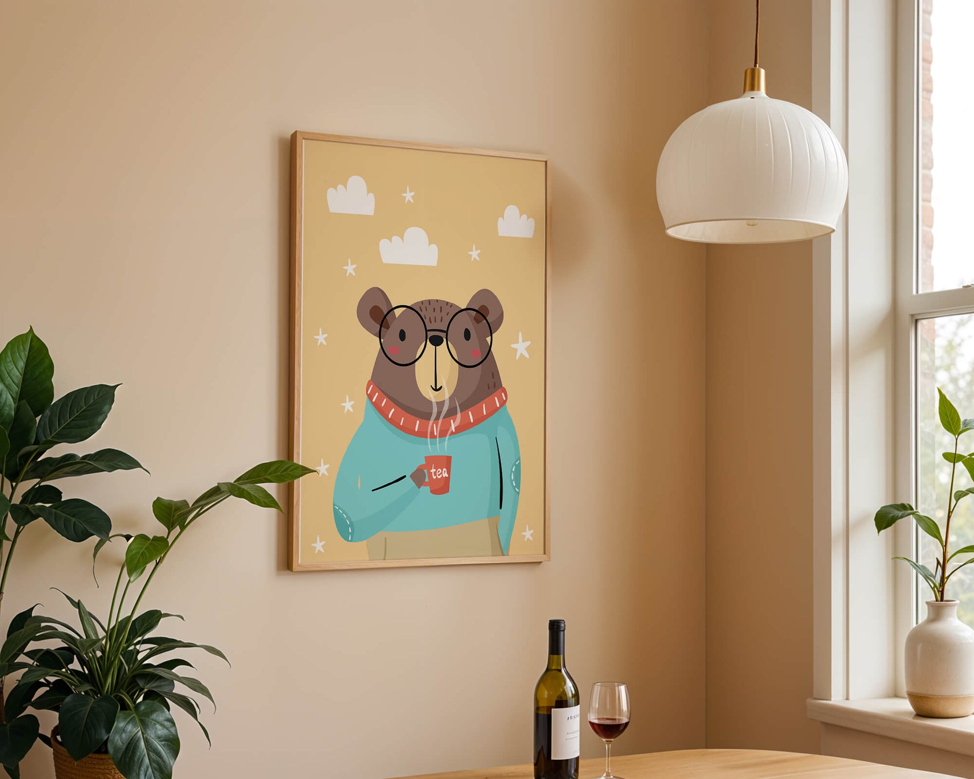 Illustration of a bear with glasses holding a tea cup against a starry background