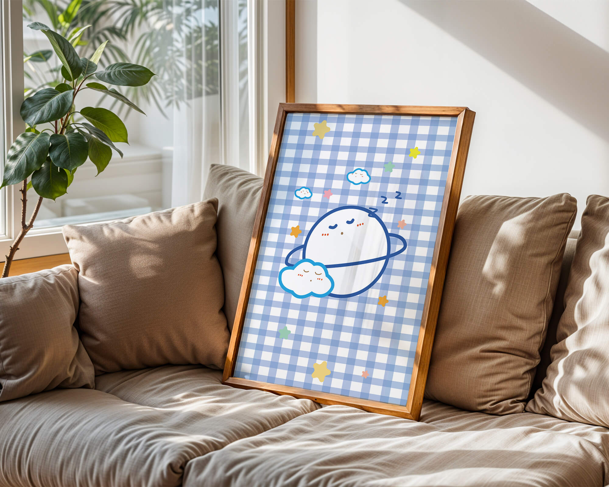 Whimsical sleep theme with planets and clouds on a checkered background