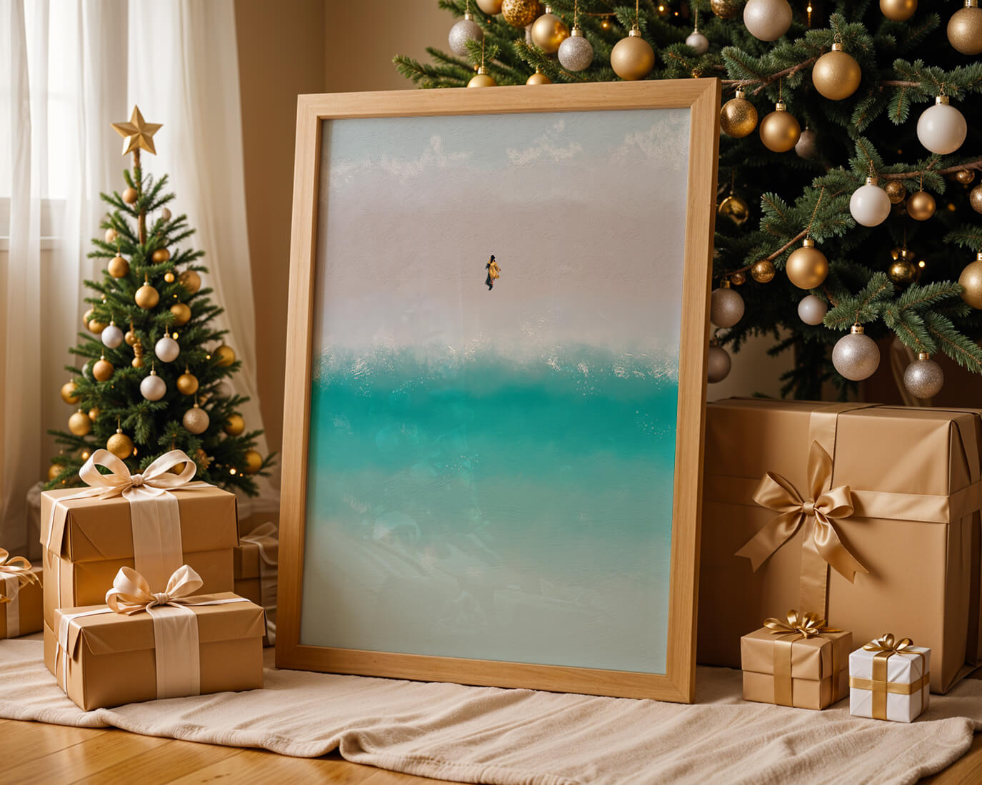 Serene beach with turquoise waves and solitary figure