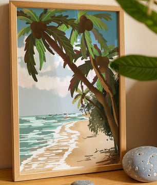 Tranquil Beach Scene with Palm Trees and Sailboats
