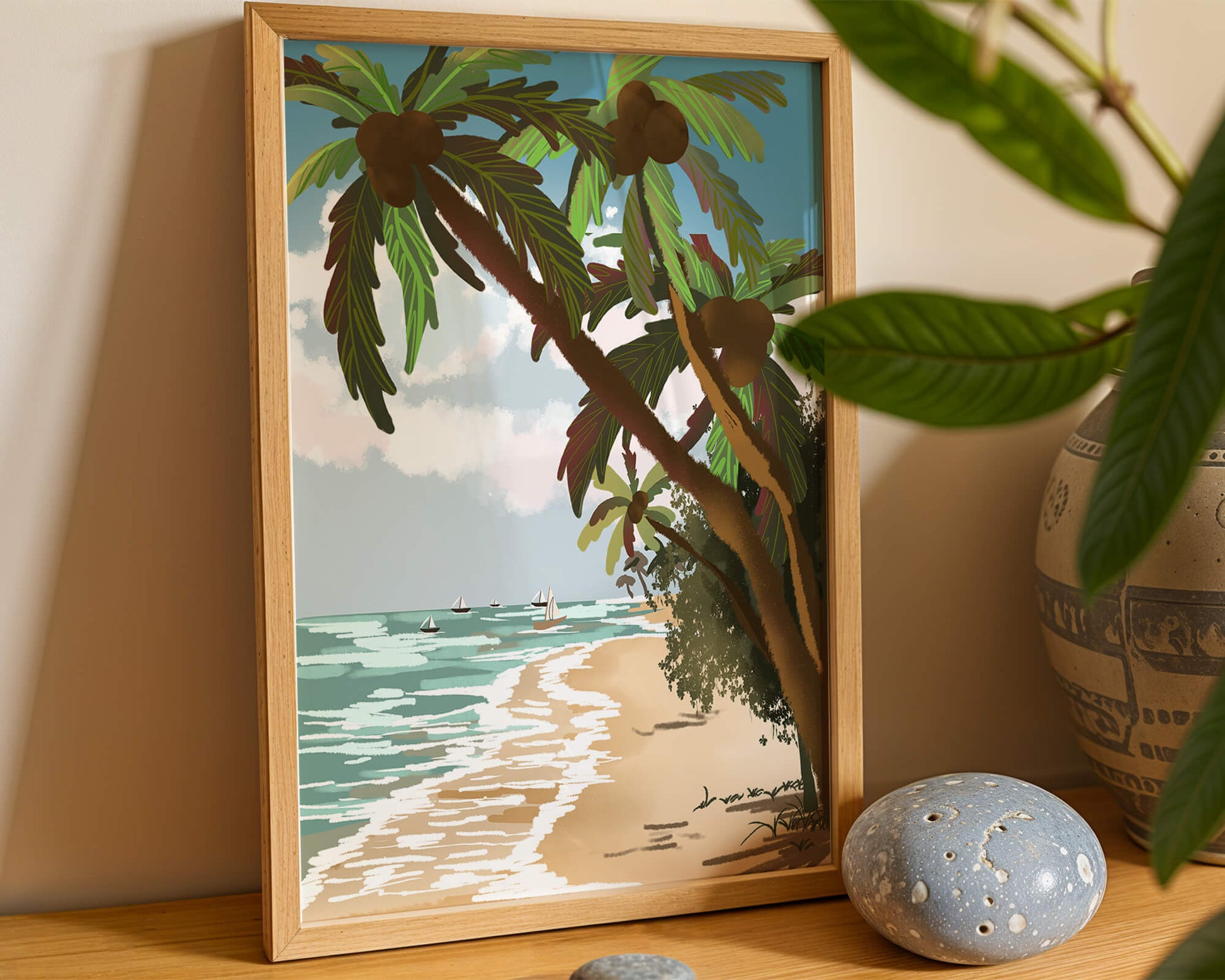 Tranquil Beach Scene with Palm Trees and Sailboats