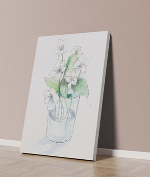 Delicadas flores blancas en una ilustración de jarrón de cristal