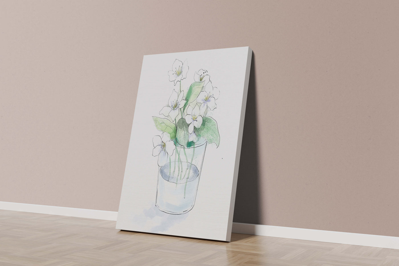 Delicate white flowers in a glass vase illustration
