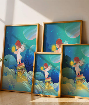 Enchanting angel collecting stars in a dreamy night sky
