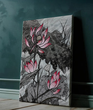 Illustration complexe de fleurs de lotus roses avec des feuilles
