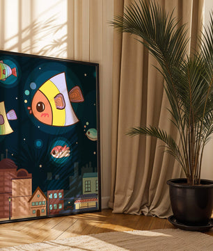 Poisson de dessin animé flottant au-dessus d'une ville nocturne avec des étoiles