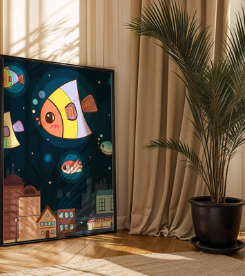 Cartoon Fish Floating Over Night City Scene with Stars