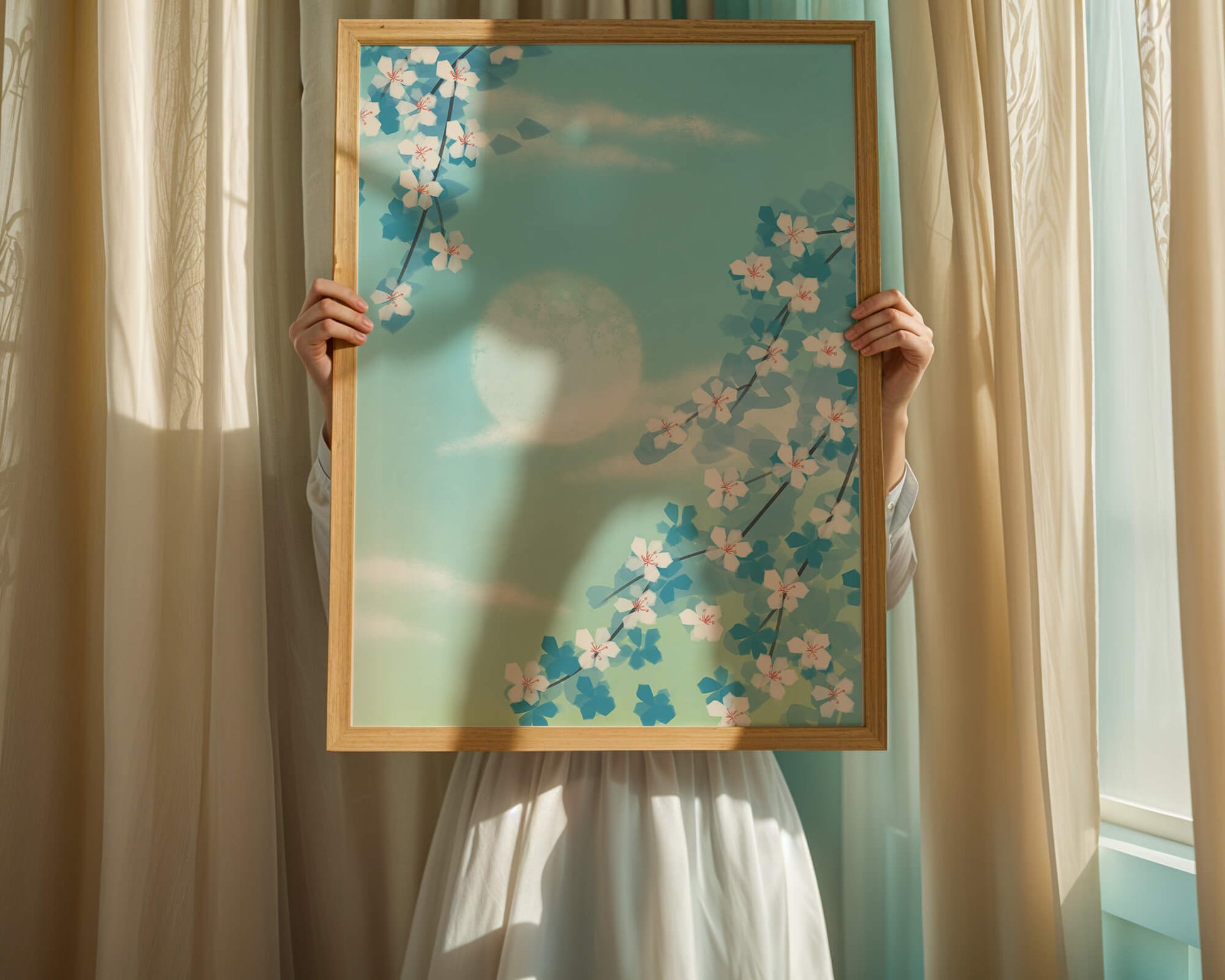 Serene spring blossoms against a pastel sky with gentle sunlight