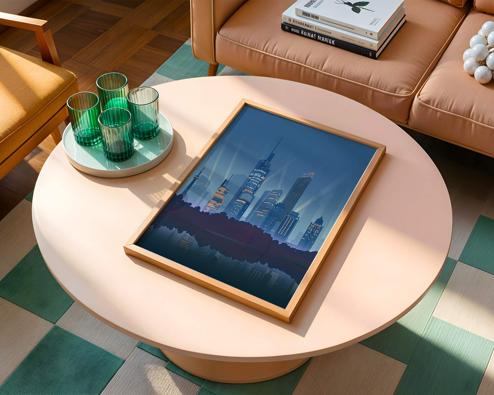 Modern cityscape with illuminated skyscrapers reflecting on water