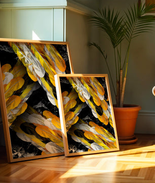 Abstract Composition with Yellow and White Feathers on a Black Background - Mi tienda