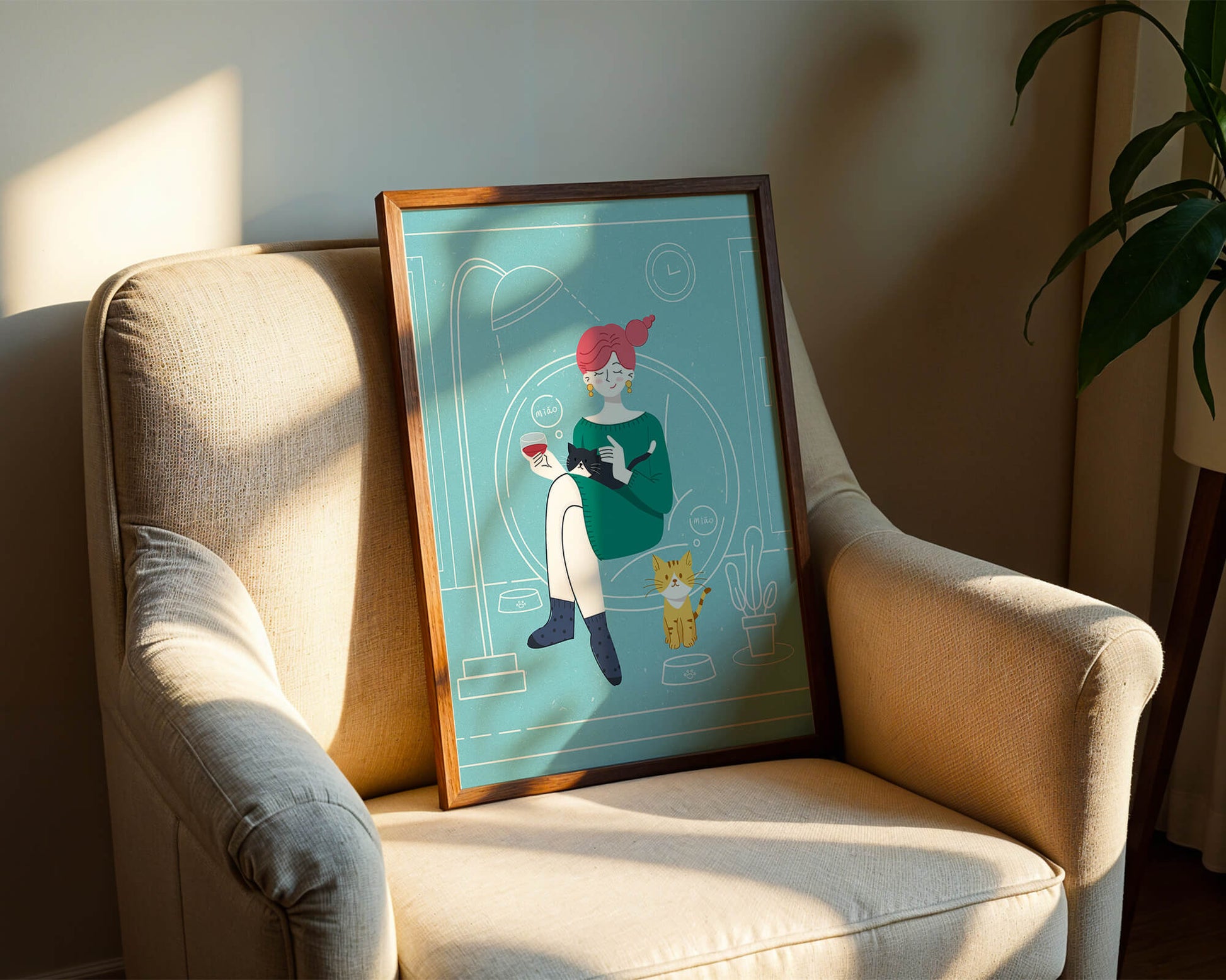 Acogedora velada con gatos en una sala de estar escandinava