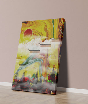 Abstract Landscape with Swirling Colors and Red Sun