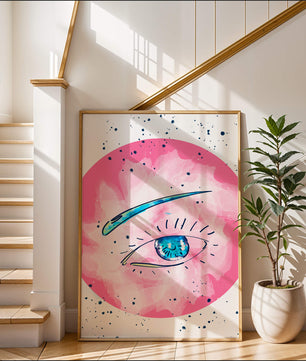 Abstract Eye Illustration with Pink Background and Blue Accents - Mi tienda