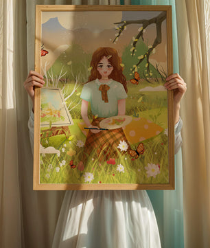 Ilustración de una chica pintando al aire libre rodeada de mariposas y flores