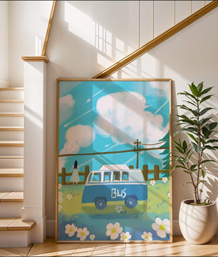 Ilustración escénica con autobús azul y prado en flor