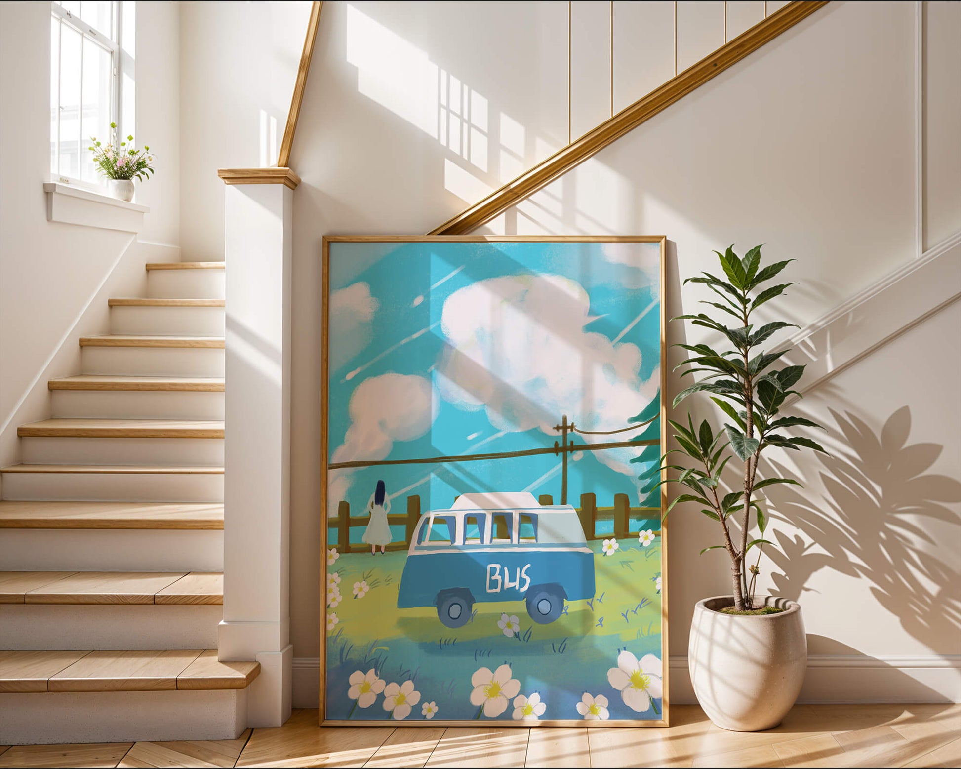 Ilustración escénica con autobús azul y prado en flor