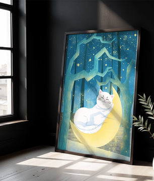 Cat sleeping on the moon in an enchanted forest under the starry sky