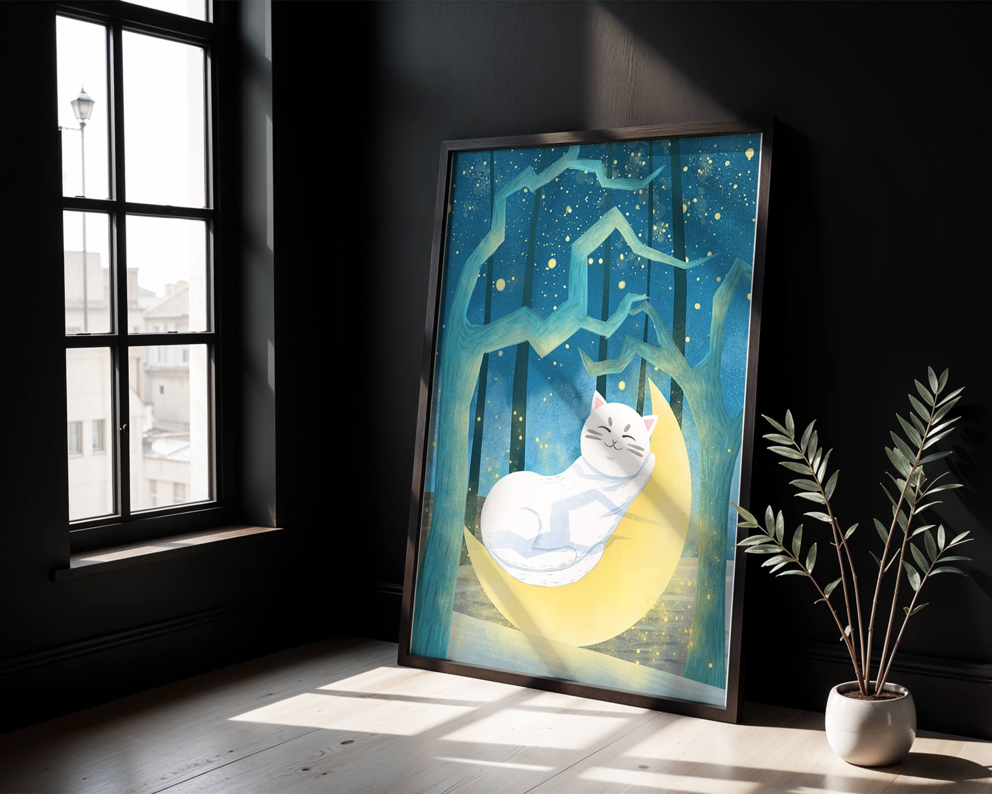 Cat sleeping on the moon in an enchanted forest under the starry sky