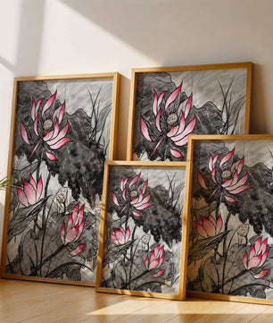 Illustration complexe de fleurs de lotus roses avec des feuilles