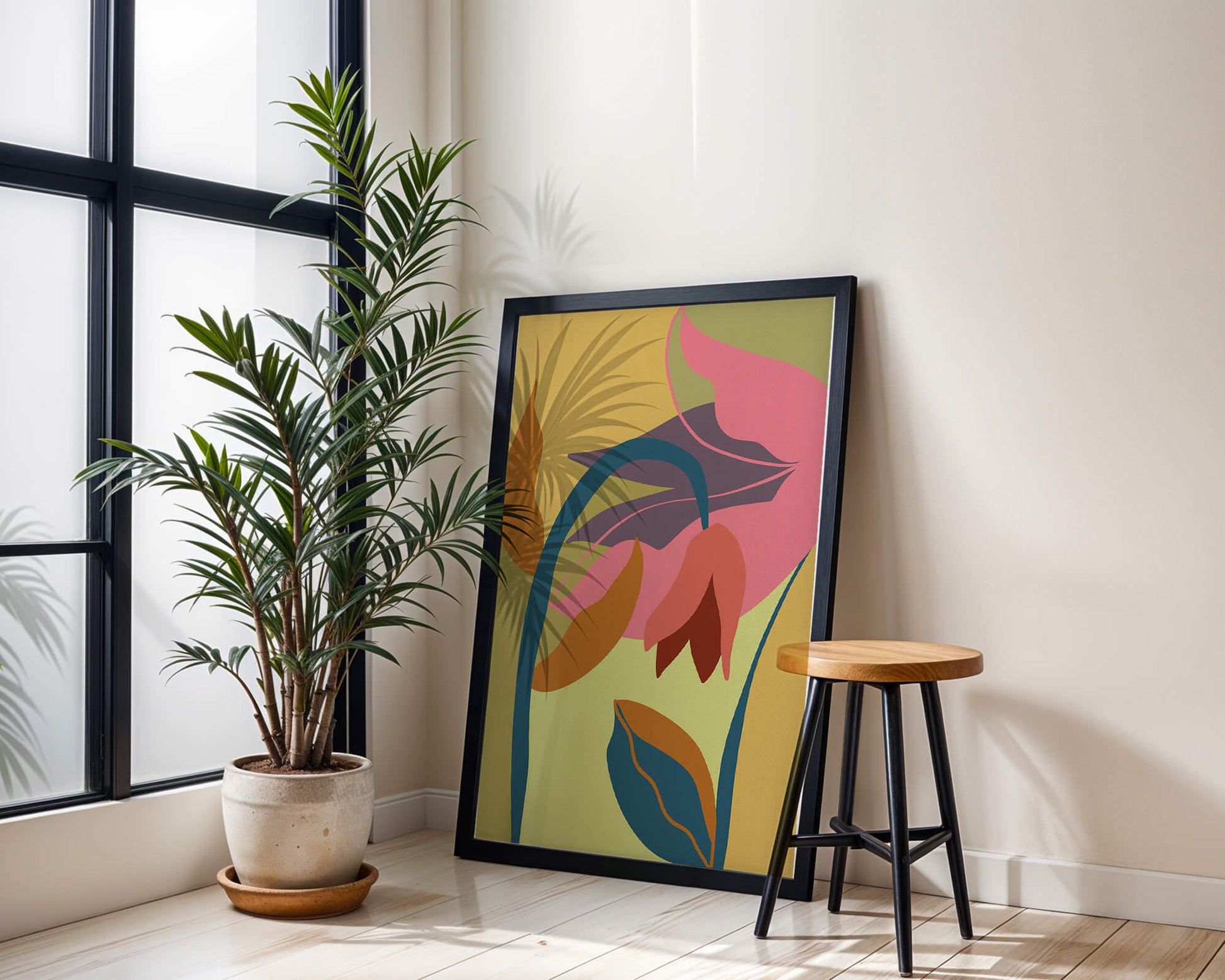 Abstract floral illustration with vibrant colors and organic shapes