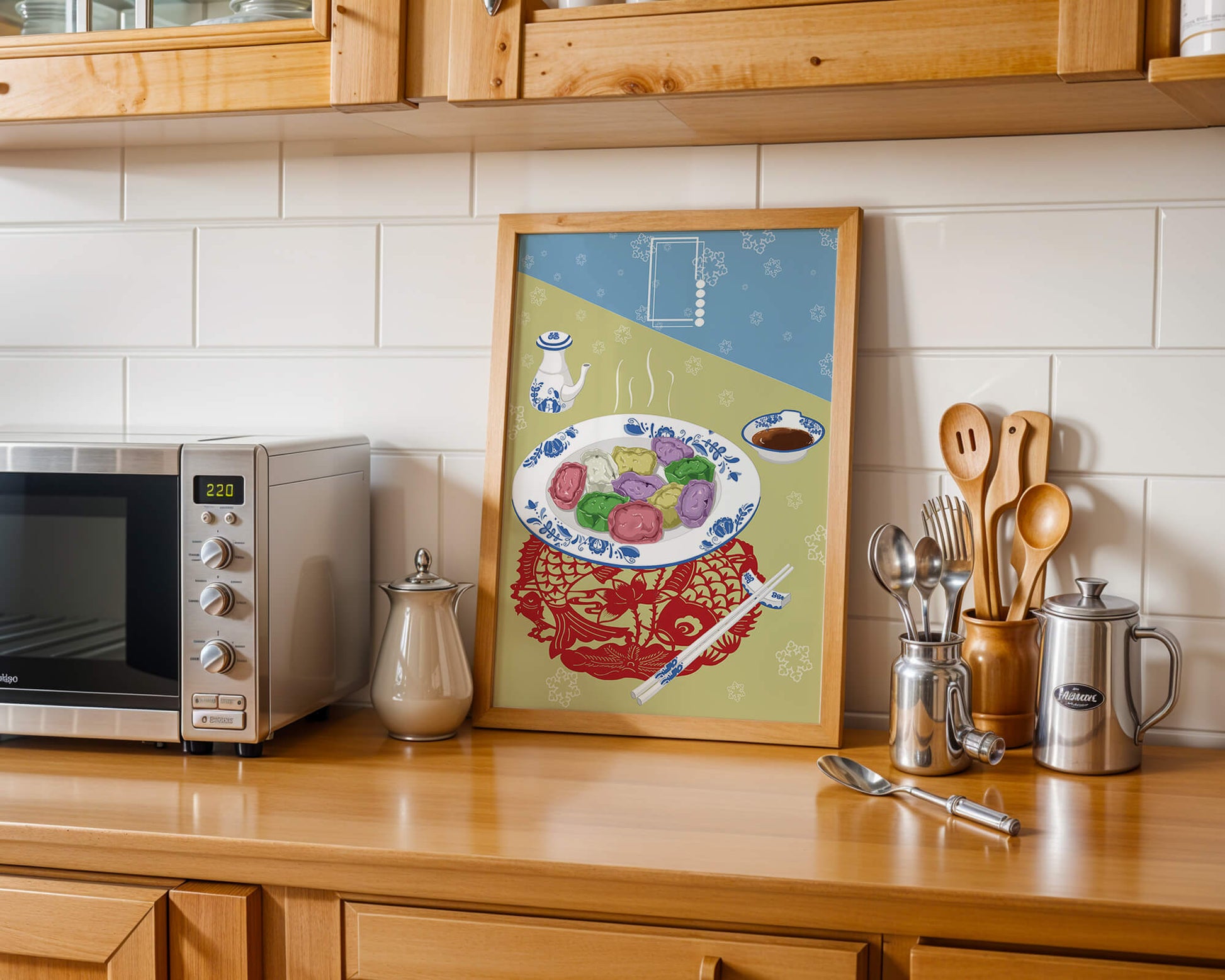 Colorful dumplings and tea set on decorative mat