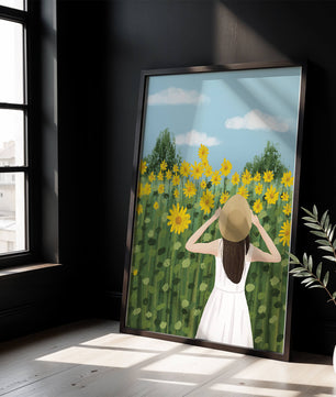 Mujer con vestido blanco admirando un campo de girasoles