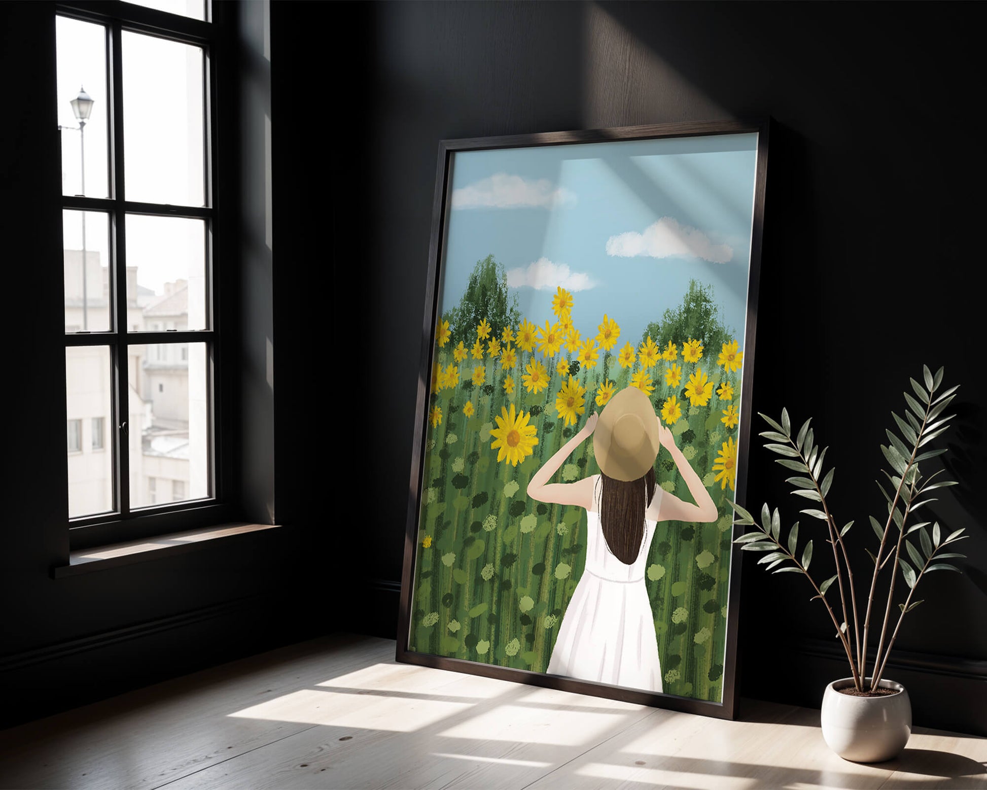 Mujer con vestido blanco admirando un campo de girasoles