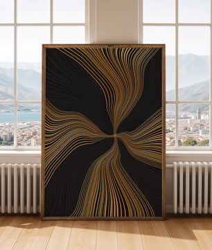 Líneas doradas abstractas sobre fondo negro con flujo dinámico