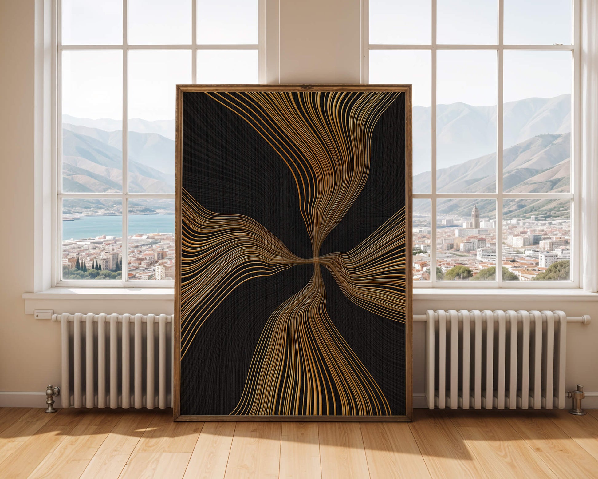 Líneas doradas abstractas sobre fondo negro con flujo dinámico