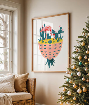 Ilustración de flamenco con cactus en jarrón de piña