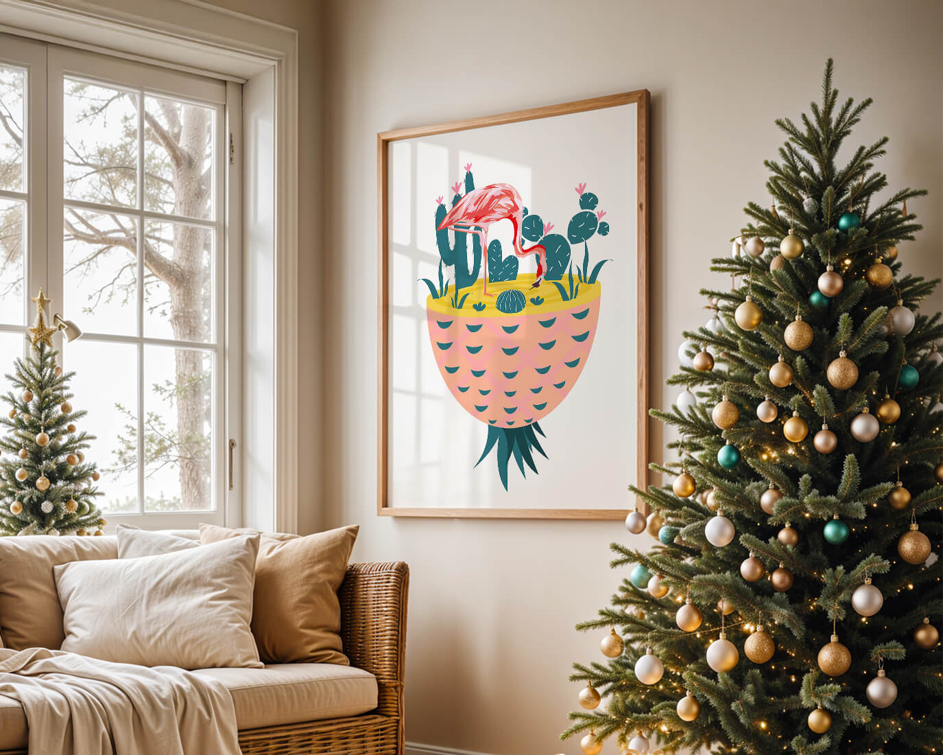 Ilustración de flamenco con cactus en jarrón de piña