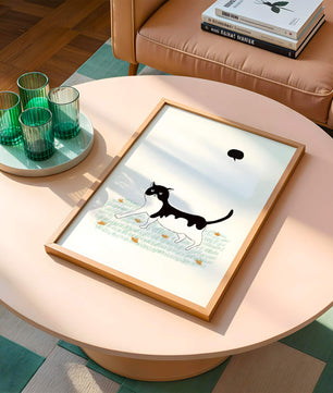 Whimsical cat illustration in field of flowers