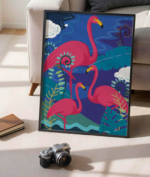 Colorful illustration of flamingos in a tropical setting