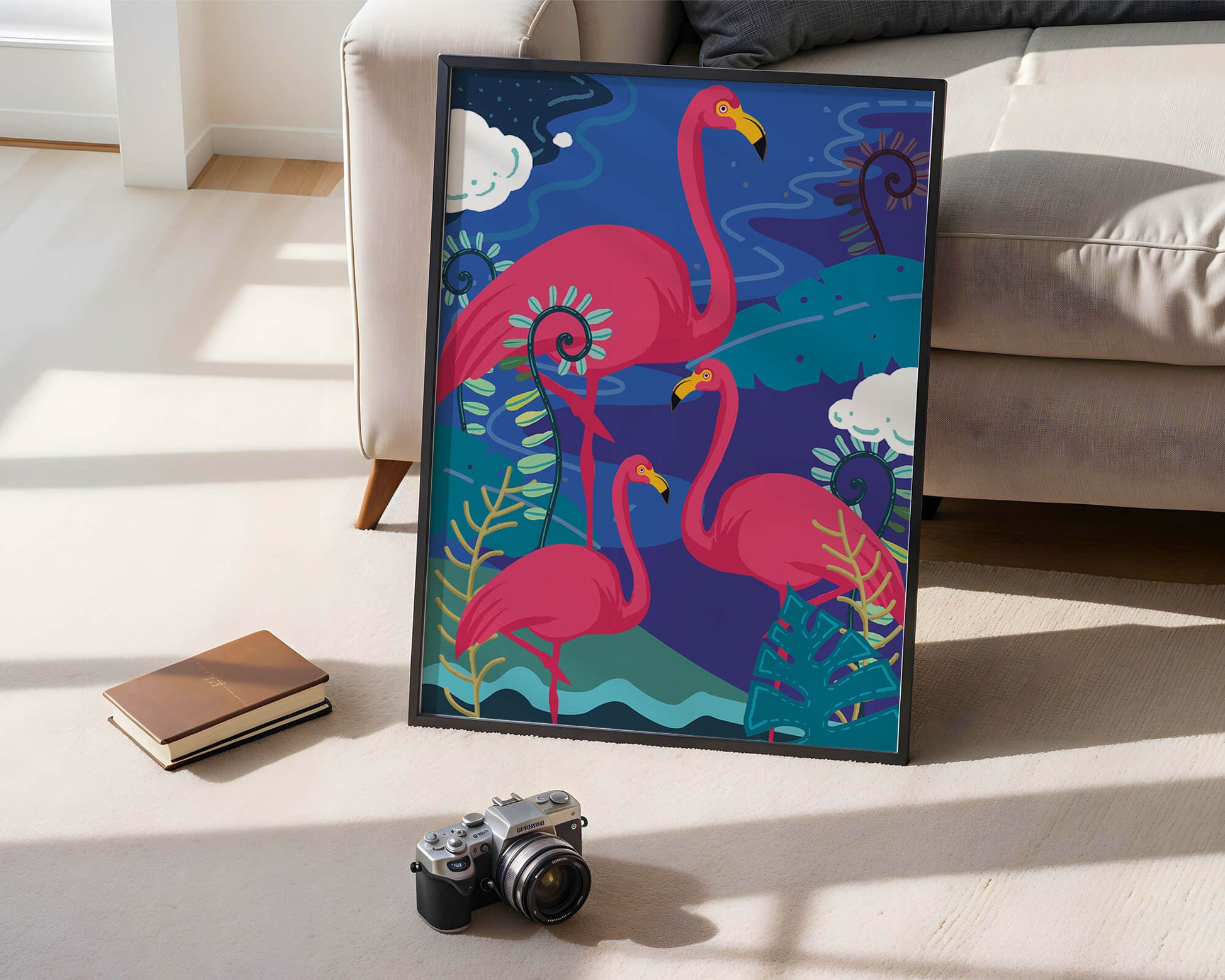 Colorful illustration of flamingos in a tropical setting