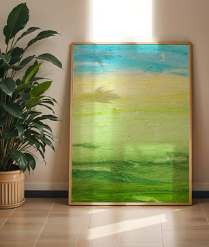 Paisaje abstracto con cielo azul y campos verdes