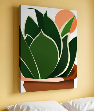 Ilustración contemporánea de una planta serpiente con fondo de amanecer
