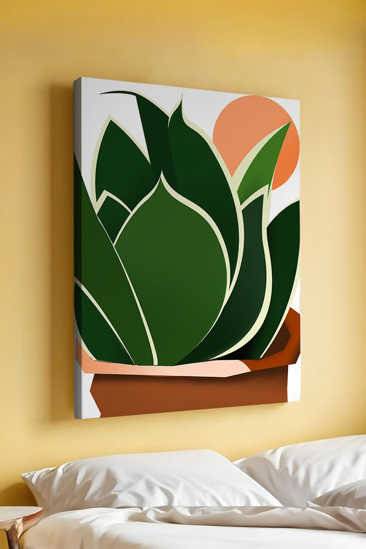 Ilustración contemporánea de una planta serpiente con fondo de amanecer