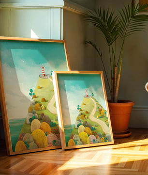 Charming lighthouse illustration on a scenic hilltop