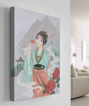 Elegant Asian woman with flowers and mountain background