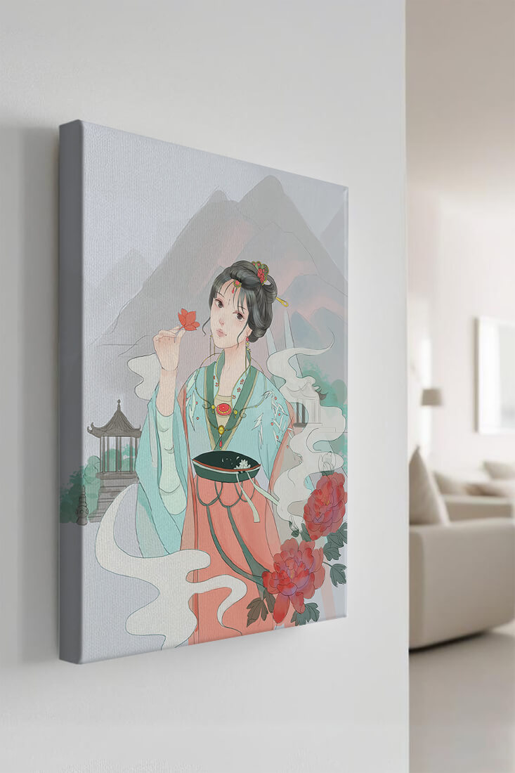 Elegante mujer asiática con flores y fondo de montaña.