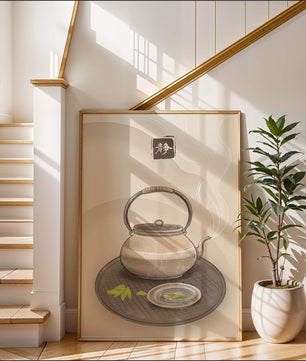 Traditional Japanese teapot with steaming tea and serene setting